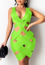 Summer Green Hollow Out Sleeveless Party Sexy Bodycon Dress