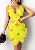 Summer Yellow Hollow Out Sleeveless Party Sexy Bodycon Dress