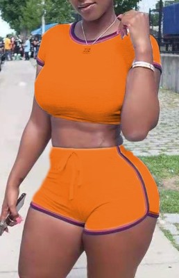 Summer Sports Orange Tight Crop Top and Biker Shorts Two Piece Matching Set