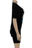 Summer Casual Print Black Loose Shirt and Shorts 2 Piece Matching Set