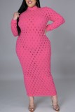 Plus Size Pink Hollow Out Sexy Long Sleeve Midi Dress