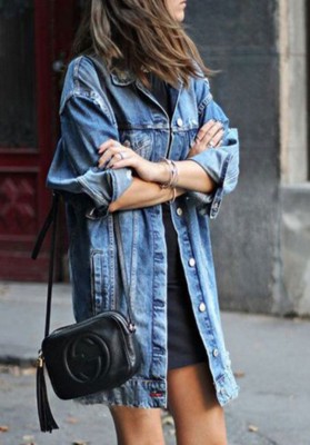 Spring Blue Ripped Long Denim Jacket with Full Sleeves