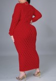 Plus Size Red Hollow Out Sexy Long Sleeve Midi Dress