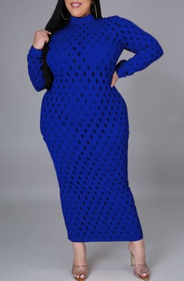 Plus Size Blue Hollow Out Sexy Long Sleeve Midi Dress