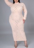 Plus Size Hollow Out Sexy Long Sleeve Midi Dress