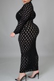Plus Size Black Hollow Out Sexy Long Sleeve Midi Dress