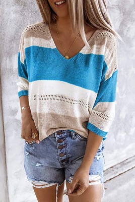 Spring Contrast Color V-Neck Loose Sweater