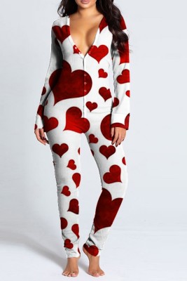 Heart Print White Long Sleeve Sexy Lounge Jumpsuit with Patch Butts
