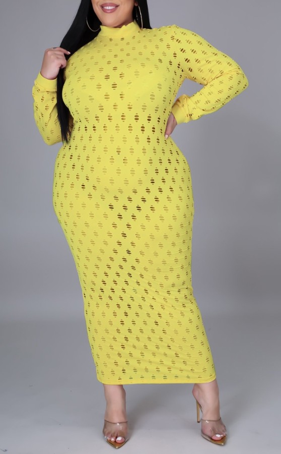 Plus Size Yellow Hollow Out Sexy Long Sleeve Midi Dress