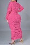 Plus Size Pink Hollow Out Sexy Long Sleeve Midi Dress