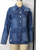 Spring Blue Ripped Long Denim Jacket with Full Sleeves