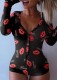 Lips Print Black Long Sleeve Sexy Lounge Rompers with Patch Butts