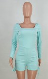 Blue Long Sleeve Ruched Strings Bodycon Rompers