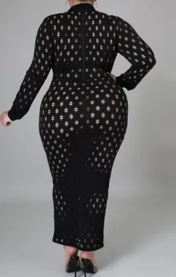 Plus Size Black Hollow Out Sexy Long Sleeve Midi Dress