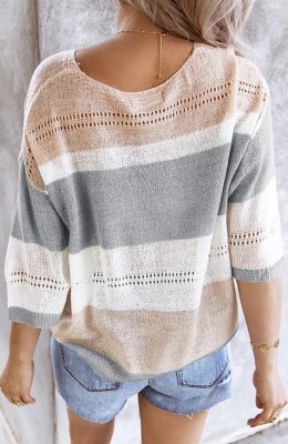 Spring Contrast Color V-Neck Loose Sweater