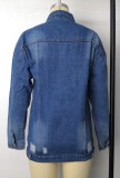 Spring Blue Ripped Long Denim Jacket with Full Sleeves