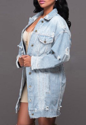 Spring Light Blue Ripped Long Denim Jacket with Full Sleeves