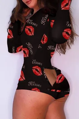 Lips Print Black Long Sleeve Sexy Lounge Rompers with Patch Butts