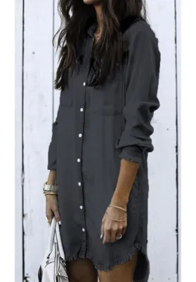 Spring Dark Grey High Low Tassels Denim Blouse