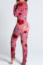 Heart Print Pink Long Sleeve Sexy Lounge Jumpsuit with Patch Butts