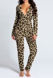 Leopard Print Long Sleeve Sexy Lounge Jumpsuit with Patch Butts