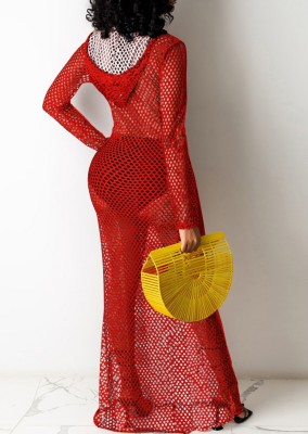 Summer Red Fishnet Long Sleeve Long Beach Dress