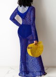Summer Blue Fishnet Long Sleeve Long Beach Dress
