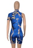 Summer Print Blue Sexy Long Sleeve Zip Up Bodycon Rompers