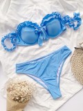 Two-Piece Blue Strapless Ruffles Swimwear