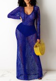 Summer Blue Fishnet Long Sleeve Long Beach Dress