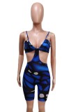 Summer Sexy Hollow Out Strap Print Blue Bodycon Rompers