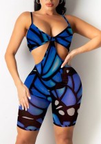 Summer Sexy Hollow Out Strap Print Blue Bodycon Rompers