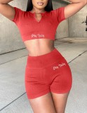 Summer Casual Print Red Crop Top and High Waist Biker Shorts 2PC Matching Set
