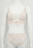 White Lace Hollow Out Sexy Lace Up High Waist Bra Set