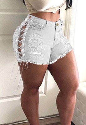 Summer White High Waist Lace-Up Sexy Denim Shorts