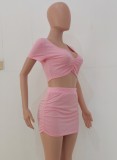 Summer Casual Pink Crop Top and Ruched Mini Skirt 2 Piece Matching Set