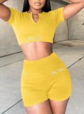 Summer Casual Print Yellow Crop Top and High Waist Biker Shorts 2PC Matching Set