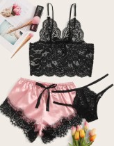 Summer Lace and Satin Patch 3 Piece Short Pajama Set