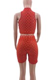 Summer Red Hollow Out Sexy Sleeveless Crop Top and High Waist Biker Shorts Set