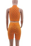 Summer Orange Hollow Out Sexy Sleeveless Crop Top and High Waist Biker Shorts Set