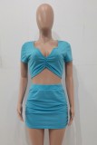 Summer Casual Blue Crop Top and Ruched Mini Skirt 2 Piece Matching Set