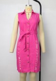 Plus Size Summer Buttom Up Ripped Pink Denim Bodycon Dress with Belt