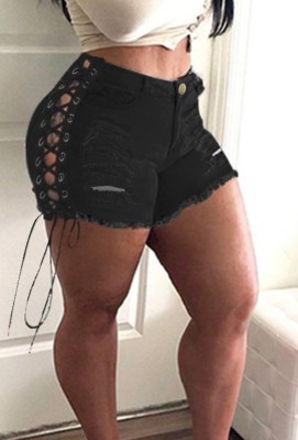 Summer Black High Waist Lace-Up Sexy Denim Shorts