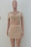 Summer Casual Khaki Crop Top and Ruched Mini Skirt 2 Piece Matching Set