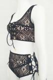 Black Lace Hollow Out Sexy Lace Up High Waist Bra Set