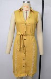 Plus Size Summer Buttom Up Ripped Yellow Denim Bodycon Dress with Belt