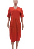 Summer Casual Red V-Neck Loose Shirt Dress