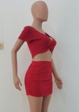 Summer Casual Red Crop Top and Ruched Mini Skirt 2 Piece Matching Set
