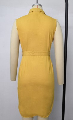 Plus Size Summer Buttom Up Ripped Yellow Denim Bodycon Dress with Belt