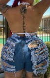 Plus Size Summer Blue High Waist Ripped Denim Shorts